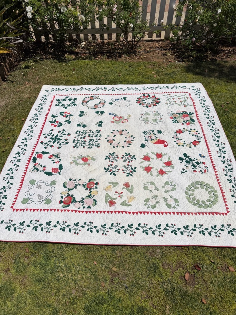 Vintage Bride’s Quilt Hand Stitched Album Quilt Eliza Baile Queen Colorful FLAWS
